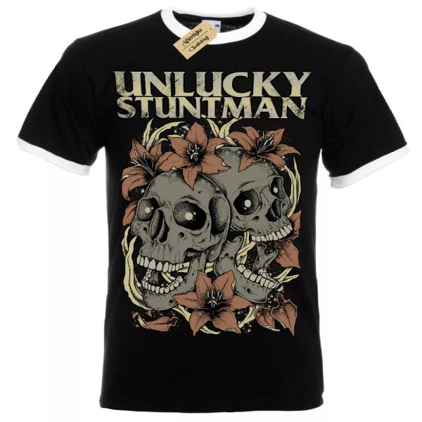 

unlucky stuntman t-shirt lily skull gothic flowers roses mens ringer, White;black