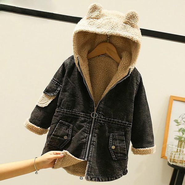 

coat dx03551 girls bear ears black denim plus velvet trench, Blue;gray