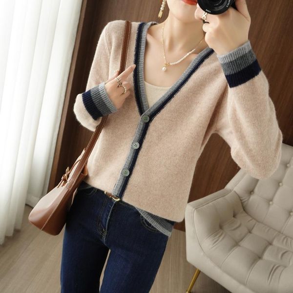 

women's knits & tees 2021 autumn and winter cashmere sweater women o-neck cardigan stitching contrast color knitted female jacket, White