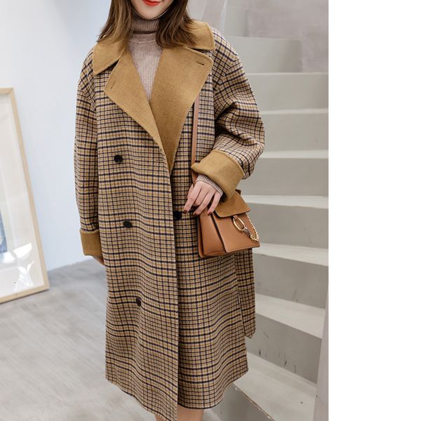 

[ewq] double breasted long sleeve plaid leisure oversize modern lady slim woolen coat korea khaki overcoat woman winter ql065 201224, Black