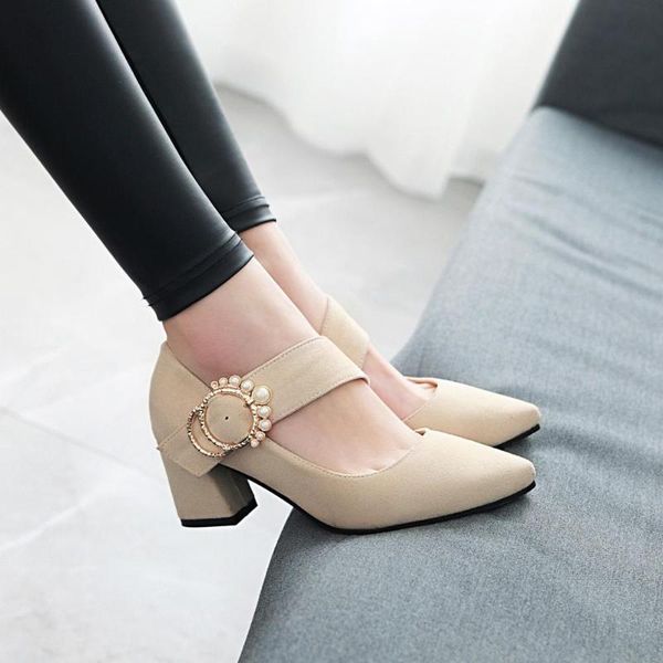

dress shoes big size 32-46 2021 spring & autumn fashion women flock buckle pearl pointed toe square heels pumps 3 colors, Black