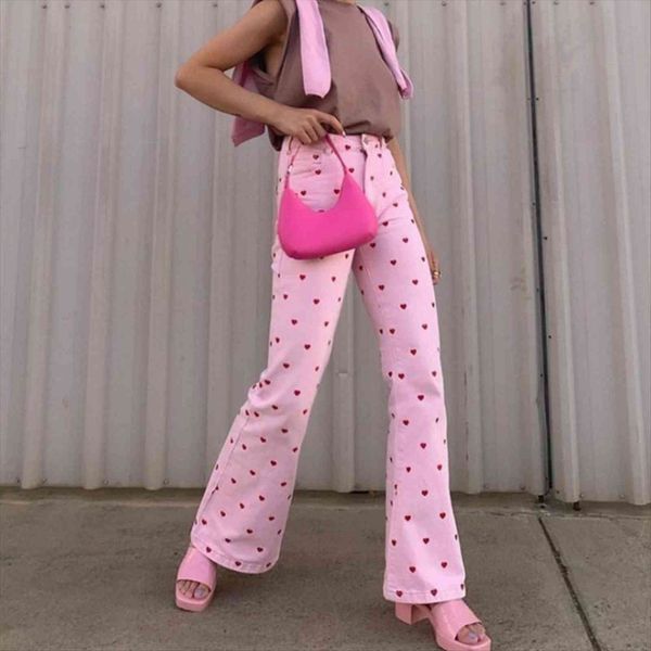 

high waist slim fit flare women pant sweet cute heart print pink straight fashion holiday casual trousers, Black;white