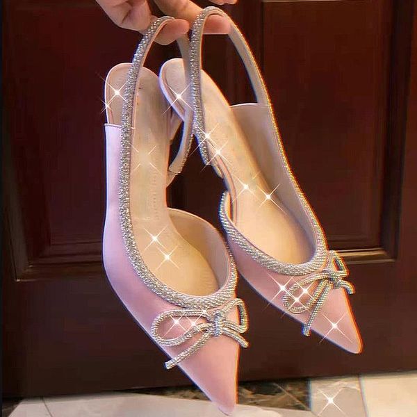 

spring 2021 pointed stiletto heel side empty high shoes rhinestone bow satin sandals pumps women, Black