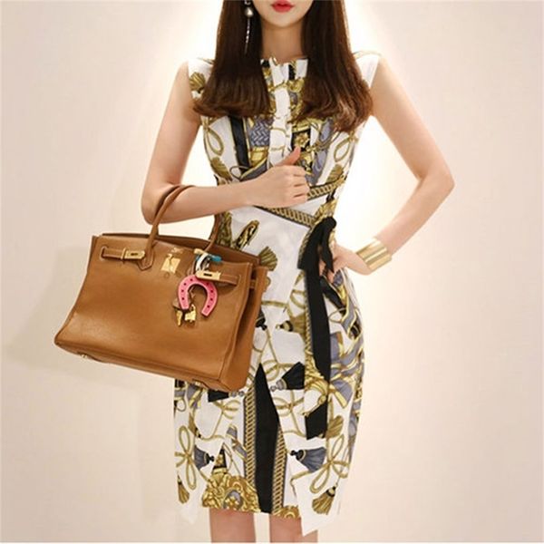 

pencil print dress women summer ol sheath work casual slim elegant leaf party bodycon midi vestidos 210603, Black;gray
