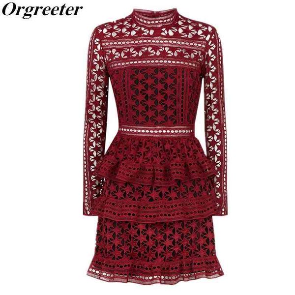 

self portrait dress spring summer women hollow stars long sleeve layered ruffles elegant red wine lace cake 210525, Black;gray