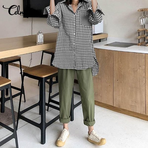 

women's blouses & shirts 2021 fashion womens celmia plaid long sleeve autumn ladies office lapel casual loose plus size tunic, White