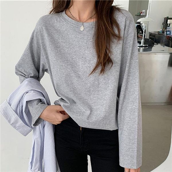 

women's t-shirt 2021 women spring loose t-shirts o neck fashion solid bottoming long sleeve casual korean style minimalist tees, White