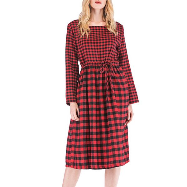 

casual dresses nice autumn and winter elegant ladies round neck long sleeve plaid print chic fashion dress red knee, Black;gray