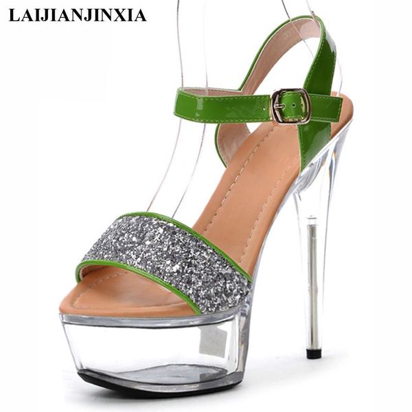 

green silver glitter women sandals ankle straps clear heels platform shoes transparent 15cm high dress, Black