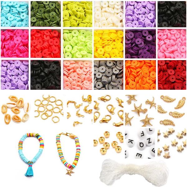 Andere flache runde Polymer-Ton-Abstandsperlen-Set, Charms, elastische Schnur, Karabinerverschluss-Box für die Schmuckherstellung, DIY-Armbänder, Ohrring-Set