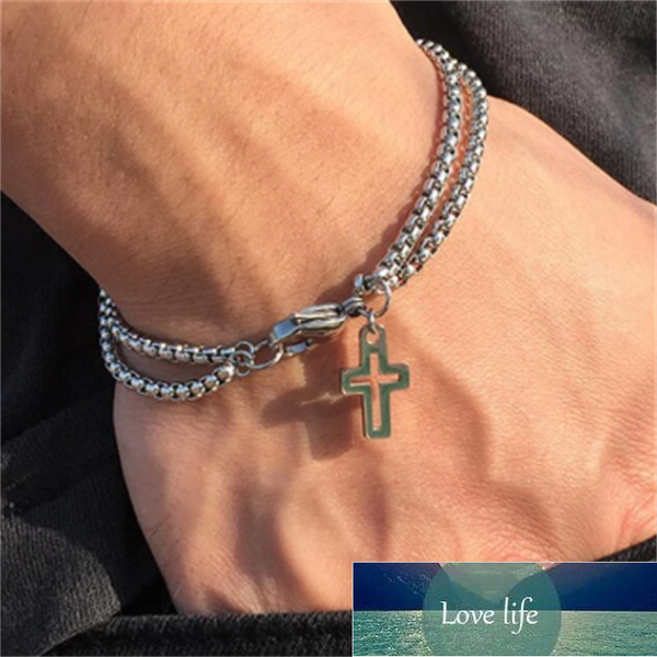 

new double strand rolo chain with cross charm men bracelet stainless steel lobster claw clasp closed wholesale factory price expert design q, Golden;silver