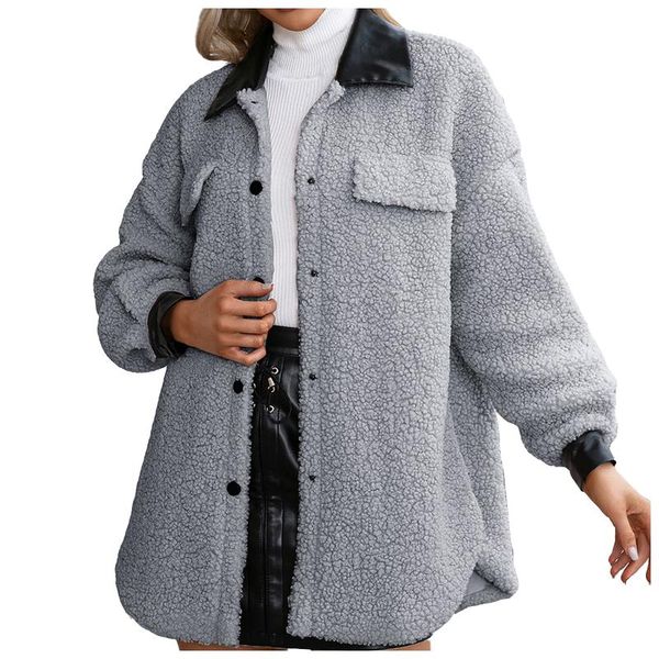 

women's jackets outerwear autumn and winter loose solid color stitching long-sleeved lapel lambskin single-breasted warm coat, Black;brown