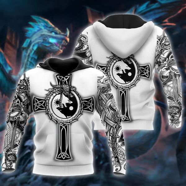 

men's hoodies & sweatshirts fashion hoodie dragon tattoo 3d printed zipper pullover fall winter casual harajuku streetwear, Black