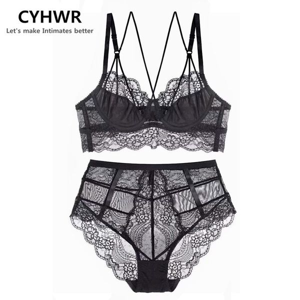 

bras sets cyhwr women's style underwear ultra-thin push up floral lace unlined beauty back bra, Red;black
