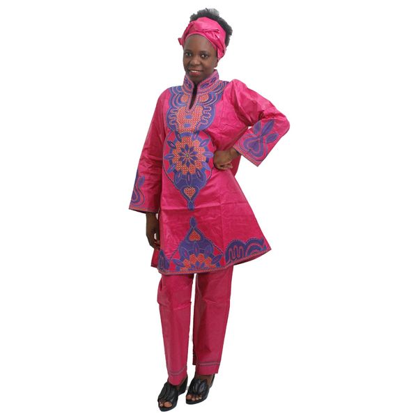 

2021african womens clothes long sleeve and pants set embroidery pattern with stones lady headtie trouser suit african party, Red