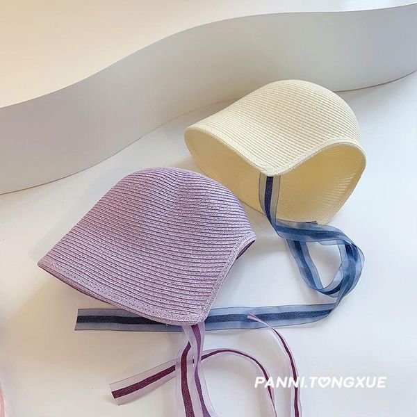 

cute retro summer straw sun hat for kids simple soft fisherman's foldable bucket beach girs and boys caps & hats, Yellow