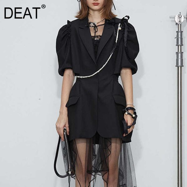 

[deat] summer fashion turn-down collar high waist puff sleeve beading chain chic black dress women 13q296 210527, Black;gray