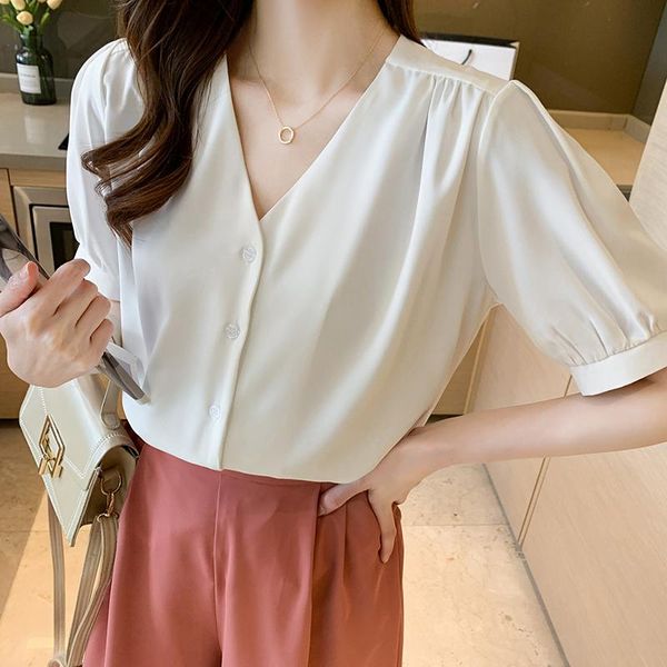 

women's blouses & shirts blouse women summer 2021 office lady short sleeve chiffon solid loose straight v-neck blusas womens and, White