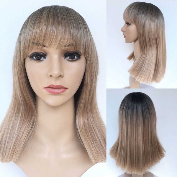 

dyed medium long straight hair golden gradient female wig, Black