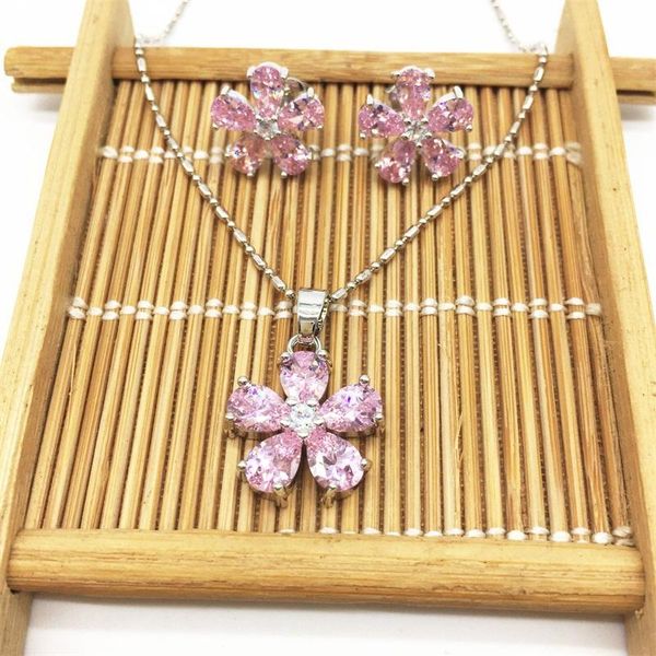 

earrings & necklace flower pink stone silver jewelry sets for women wihte color zircon pendant/necklace/earrings