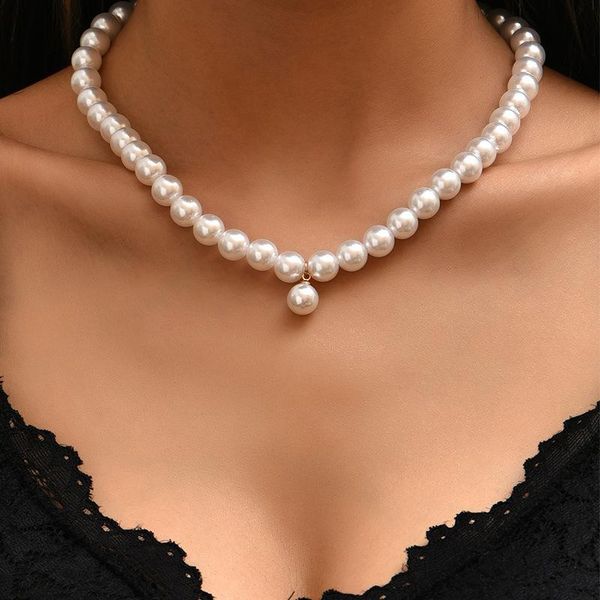 

chokers imitation pearl pendant necklace for women beaded clavicle chain short necklaces female gold color 2021 fashion jewelry, Golden;silver