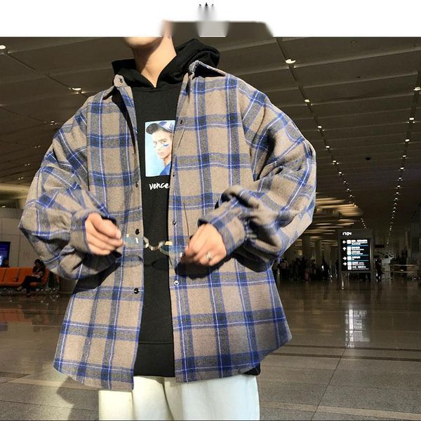 

men's casual shirts men harajuku color block plaid shirt 2021 mens streetwear thick long sleeve male vintage korean fashions clothes, White;black