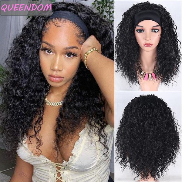 

long wavy headband wigs for afro women natural synthetic curly water wave wrap wig heat resistant glueless easy cosplay hair, Black