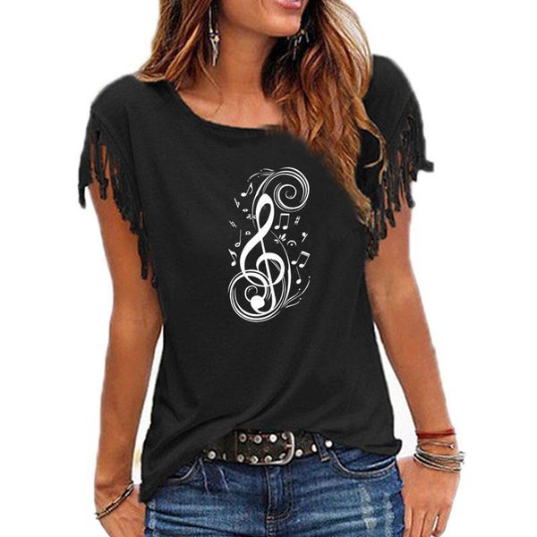 

fashion musical note graphic print women cap sleeve cotton tassel casual t shirt womens tees short o neck femme, White