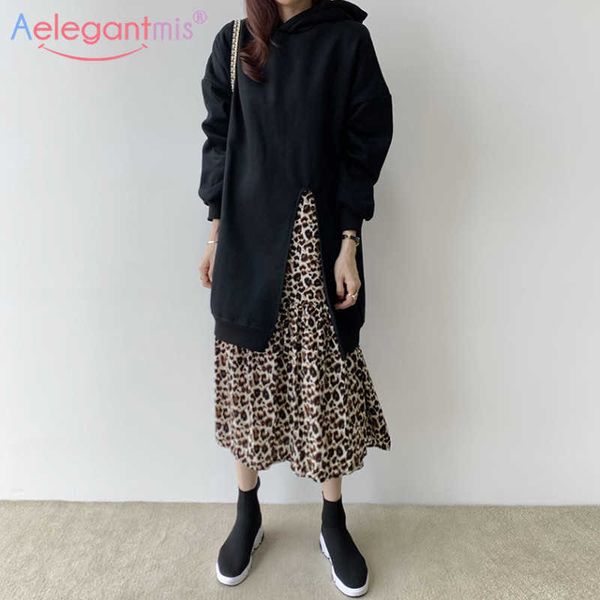 

aelegantmis korea chic loose fake 2 sets hoodies dress patchwork leopard women casual split hooded sweatshirt female 210607, Black;gray