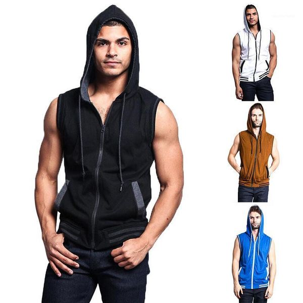 

summer fashion men gym fitness vest hoodie sleeveless with zipper men's hoodies & sweatshirts, Black