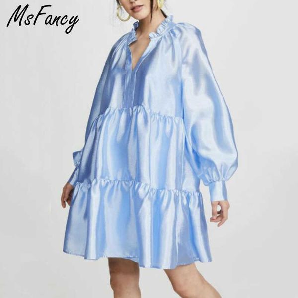 

msfancy summer mini dress women v-neck lantern sleeve vestidos de mujer casual plus size robe 210604, Black;gray