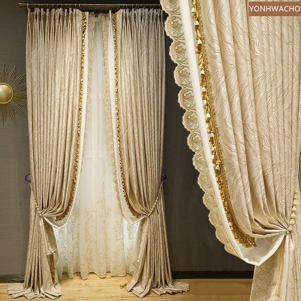 

custom curtain high-precision jacquard geometric simple beige modern french living cloth panle drape blackout tulle c622 & drapes