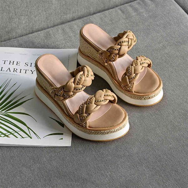

slippers sandals flat platform spring wedges women's sandals chain metal shoes straw egua, Black