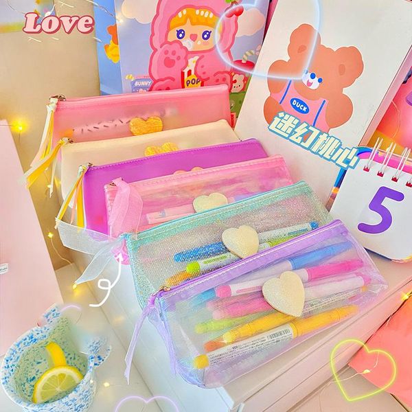 

pencil bags kawaii bag matte net yarn colorful pvc case fresh jelly transparent students stationery organzier