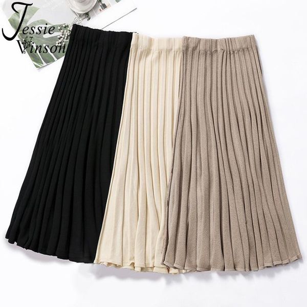 

skirts jessie vinson elastic waist solid pleated knitted long skirt women spring autumn sweater casual a-line female, Black