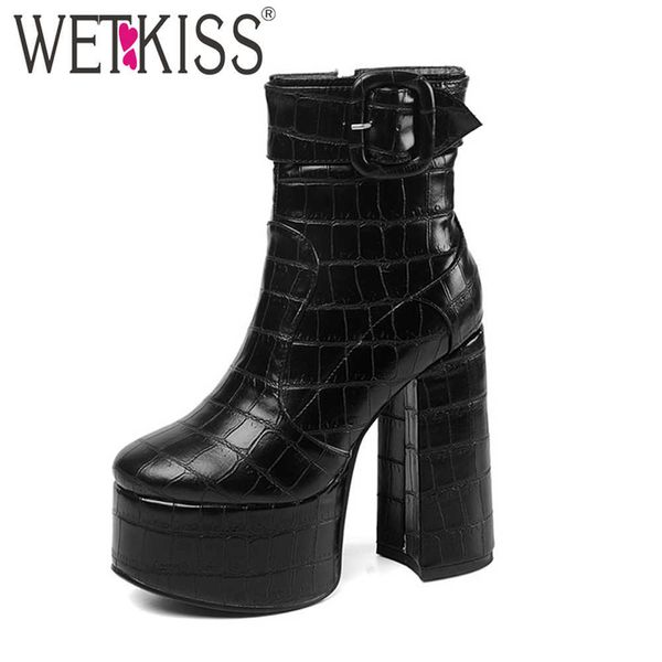 

wetkiss fashion women ankle boots super high heels shoes woman buckle strap platform booties ladies autumn winter boots big size 210630, Black