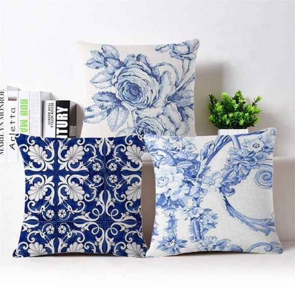

chinese style blue and white porcelain flower pattern cushion cover sofa chair decorative cotton linen pillow cushion/decorative