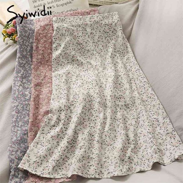 Syiwidii ​​Vintage Floral Print Chiffon Длинные юбки для женщин Эластичная высокая талия Летний Черный Белый Розовый Y2K Boho Midi Юбка 210721