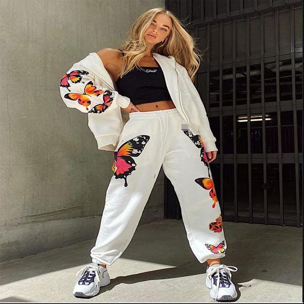 

2pcs tracksuit butterfly printed sport womens tracksuits set clothes zipper up hooded coats pants fashion streetwear, Gray