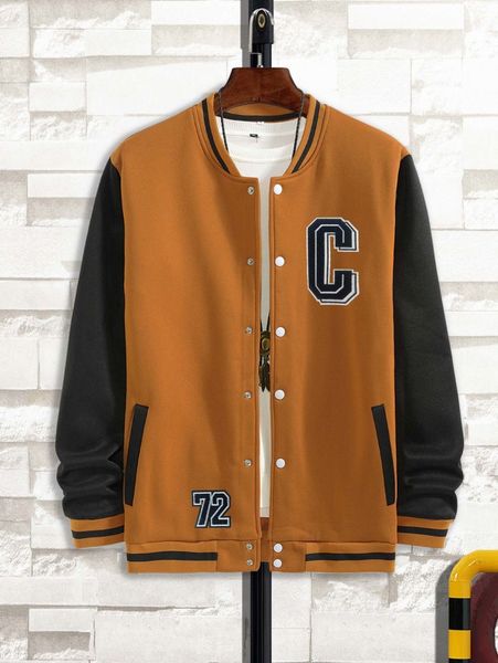 

men letter graphic two tone bomber jacket without k2wc#, Black;brown