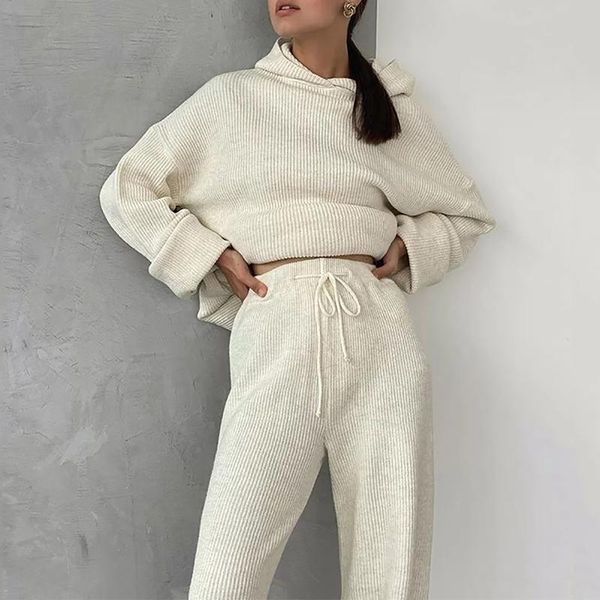 

women's two piece pants sets women homewear autumn rib knitted soft pajamas casual solid loose hooded and wide leg suit sportswear, White