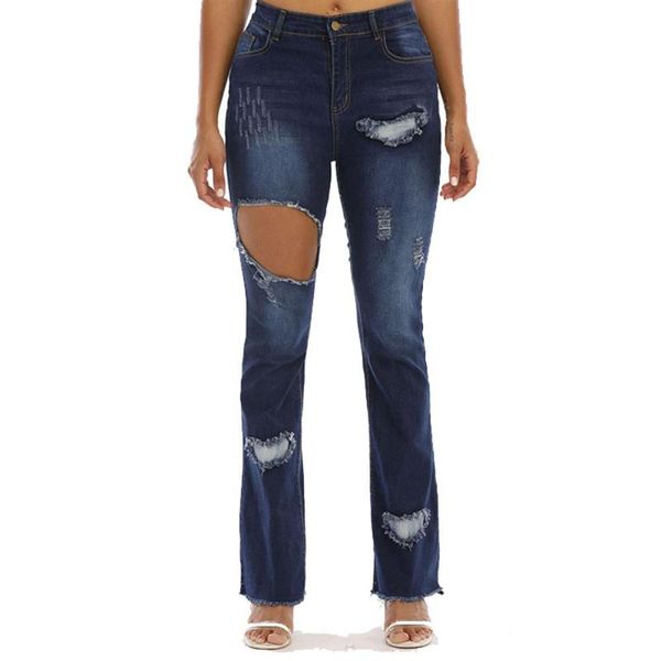 

women's jeans women stretch casual long trousers fashion ripped bootcut denim, Blue