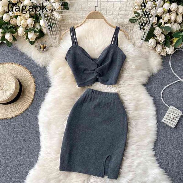 

women two piece set summer korean chic fashion suits v-neck solid short camisole + mini bodycon skirts 210531, White