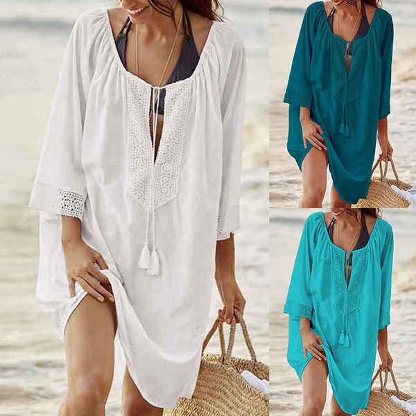 Mulheres Sexy Loose Beach Wear Summer Swimsuith Cover Up Swimwear Suits Tunic Dress Shirts Solid 2021 Vestidos feminino
