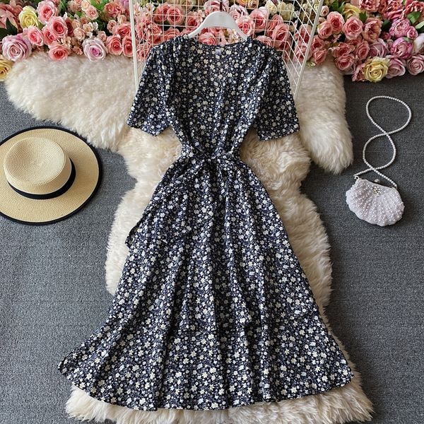 

korean fashion chiffon print v-neck bubble short-sleeved dress for women vintage waist slim ruffled mid-length dress vestido 210420, Black;gray