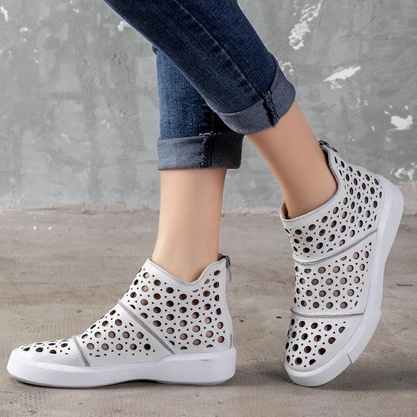 

spring and summer leather sandals flat casual shoes hollow back zipper, Black