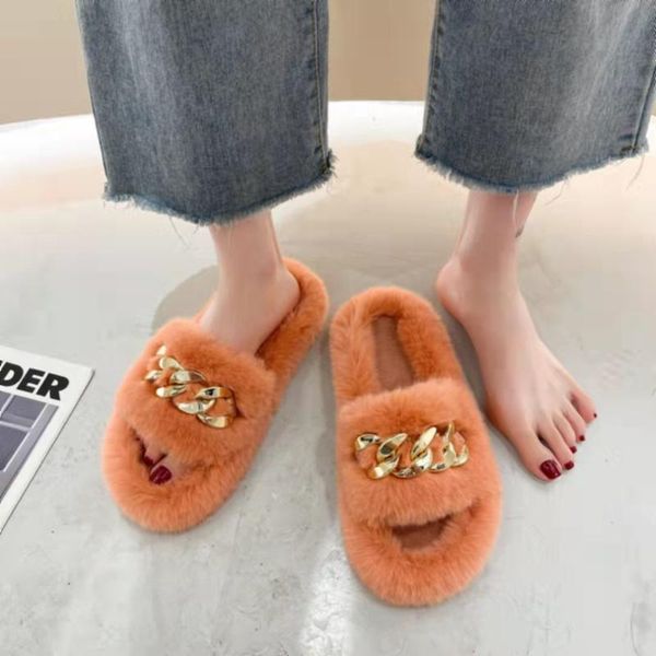 

slippers 2021 fashion women metal chain outdoor furry shoes winter warm cotton lady fluffy plush indoors slides, Black