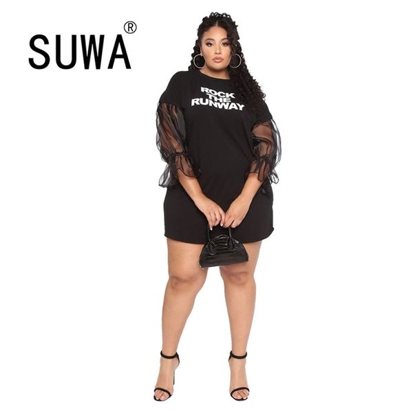 

sale women black mesh patchwork mini dress summer plus size casual o-neck half sleeve letter print bodycon dresses 210525, Black;gray