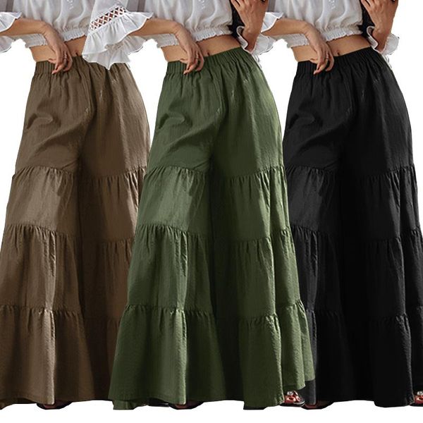 

women's pants & capris wide leg trousers zanzea 2021 solid casual elastic waist long pantalon palazzo female plus size turnip, Black;white