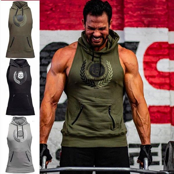

autumn brand bodybuilding stringer tank mens hoodies sportwear tank fitness men gyms clothing sleeveless with hoodie, White;black